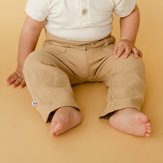 Pantaloni Elephant Boys in mussola beige Eevi- 100% cotone, comodi e leggeri
