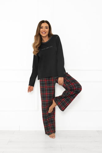 Pigiama donna Italian Fashion in cotone melange scuro, manica lunga e pantalone, a quadri