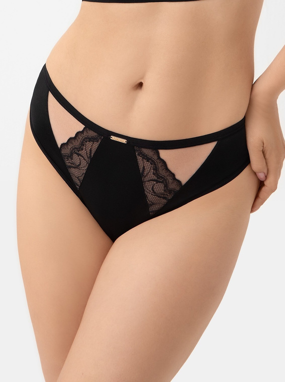 Brasil slip B 001 Lexi Gorsenia nero - slip da donna con inserto in pizzo, vita media, tulle elasticizzato e microfibra, dettagli decorativi in oro rosa