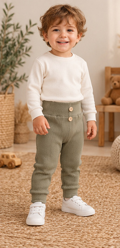 Leggings da bambino LC009 khaki in cotone a coste con bottoni in legno