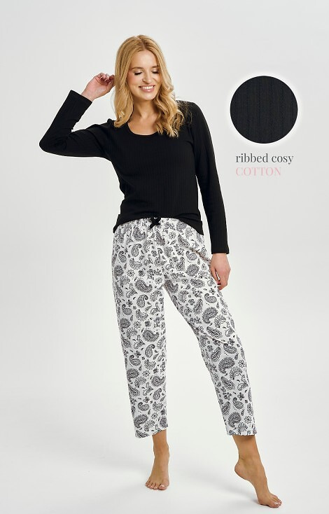 3454 Pigiama da donna Taro in cotone nero - manica lunga, pantaloni a fantasia