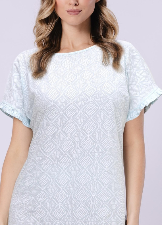 Camicia da notte da donna 1730 Clea Leveza menta | 100% cotone | Stampa orientale, manica corta con volant, lunghezza prima del ginocchio Composizione: 100% cotone