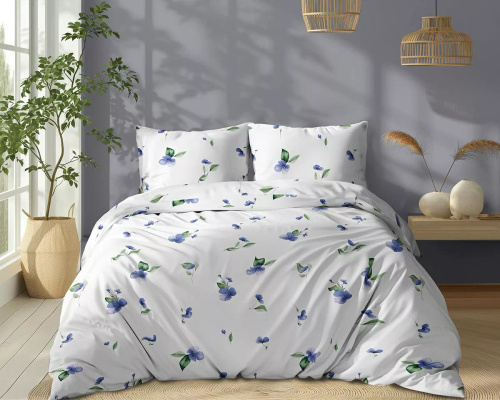 5769 B Cotone Bloom Detexpol biancheria da letto bianca con fiori blu e foglie verdi - 100% cotone, double face, produzione polacca