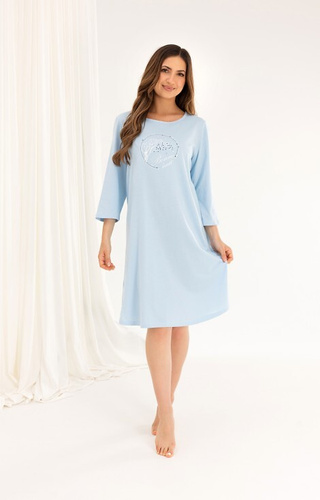 Camicia da notte in cotone 167 blu - manica 3/4, stampata, svasata, sotto il ginocchio