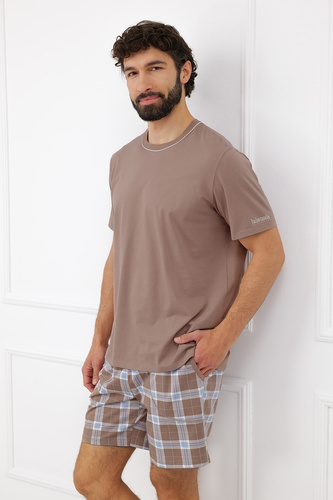 Pigiama Uomo Italian Fashion Dante Cotone Corto Pantaloncini a Quadri con Tasche cappuccino
