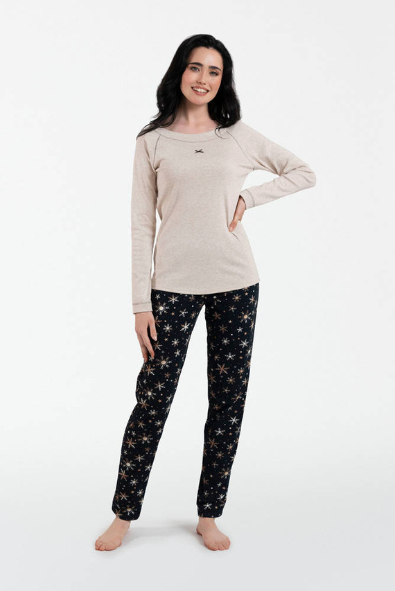 Denali Pigiama donna manica lunga, pantalone lungo Moda Italiana- beige melange/stampa