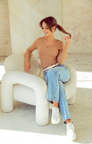 Eleonor Eldar Active beige - blusa da donna in viscosa a coste, manica lunga