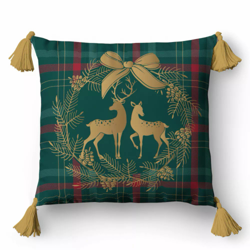 5380 Una federa decorativa natalizia Detexpol con renna e ghirlanda su sfondo a quadri - zip