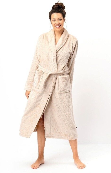 LG: 605 Vestaglia da donna Key- beige, morbida, collo a scialle