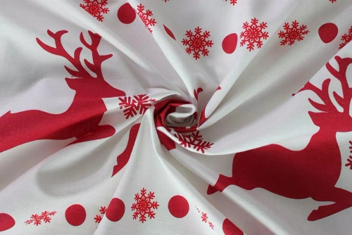 4A Xmass Biancheria da letto natalizia in cotone Spod Igły i Nitki - renna fiocchi di neve strisce bianco rosso, set con cerniera, 100% cotone