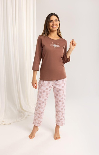 702 Pigiama Regina in cotone marrone - donna, manica 3/4, pantalone 7/8 fantasia