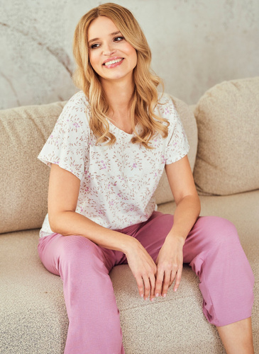 Pigiama da donna 3542 Mariella - cotone e viscosa, camicia a maniche corte, pantaloni 7/8