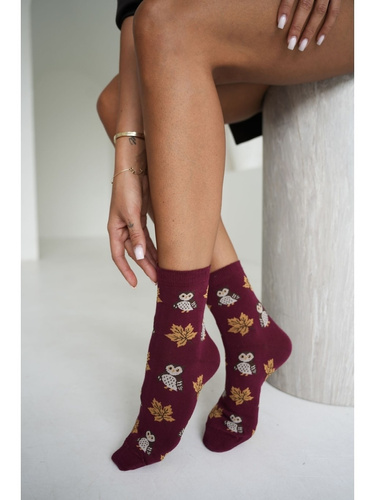 Milena 0200-267 calze donna in cotone con gufi e foglie bordeaux