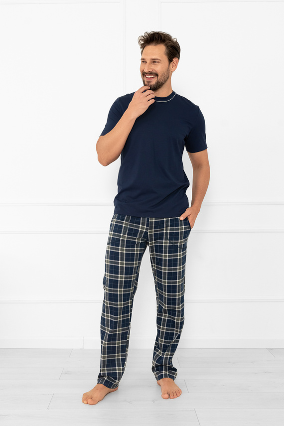 Pigiama uomo Andreas - manica corta, pantalone lungo, cotone Moda italiana - blu navy/stampa