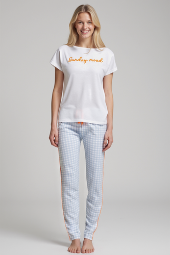 Dana Pigiama donna blu sorbetto - 100% cotone, manica corta, pantaloni a quadri, set