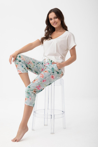 1306 Luna Pigiama donna cotone 7/8 con tasche e pantaloni floreali