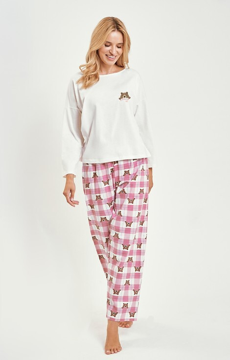 3441 Pigiama donna Astrid in cotone Taro beige - manica lunga, pantaloni in flanella a quadri