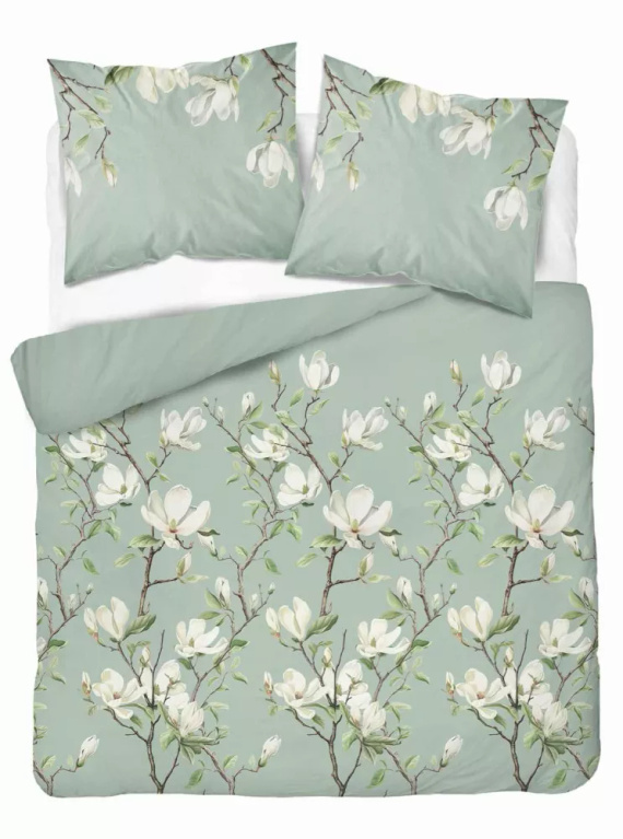 5497 B Biancheria da letto in cotone menta con fiori di magnolia bianchi Naturalis- Detexpol