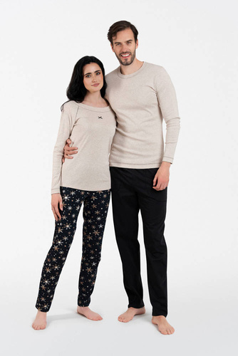 Denali Pigiama donna manica lunga, pantalone lungo Moda Italiana- beige melange/stampa