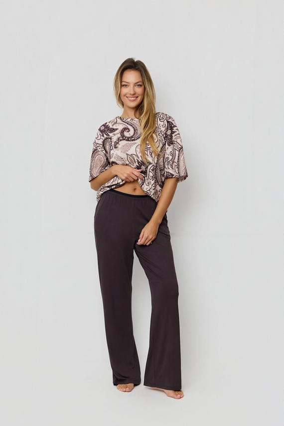 Pigiama Iris PW72 Mefemi di Nipplex - T-shirt marrone in cotone + pantaloni lunghi a fantasia, comodo pigiama premium da donna