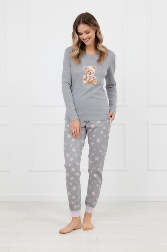 Pigiama da donna Sara Italian Fashion in cotone grigio, manica lunga e pantaloni