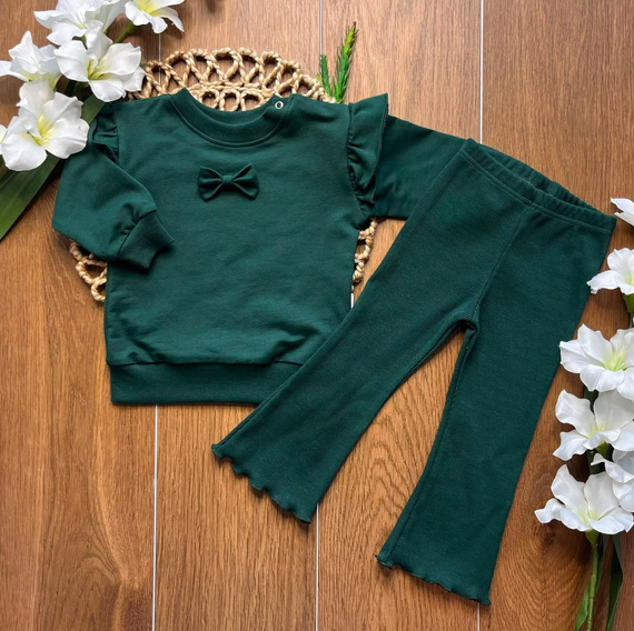 Mamatti DR719 tuta da ragazza in cotone verde felpa con fiocco pantaloni a zampa