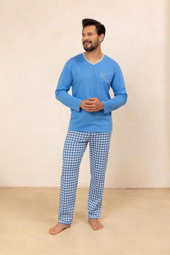Pigiama da uomo Regina 491 blu - cotone, manica lunga, comodo e classico