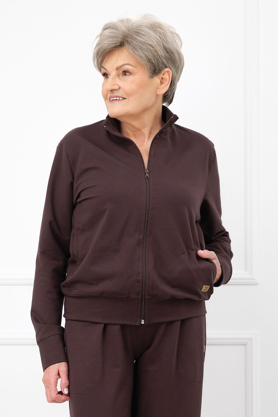 Felpa donna Credo Italian Fashion in cotone con zip, collo alla coreana, tasche - marrone