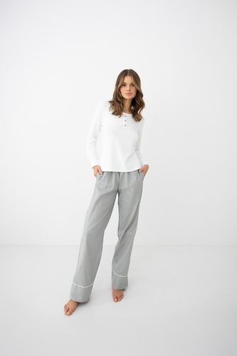 Sensis Salma pigiama donna ecru-grigia con manica lunga e pantaloni a righe