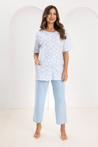 Pigiama 738 Regina blu - camicia da donna in cotone a righe, abbottonata e con tasche, pantaloni 7/8