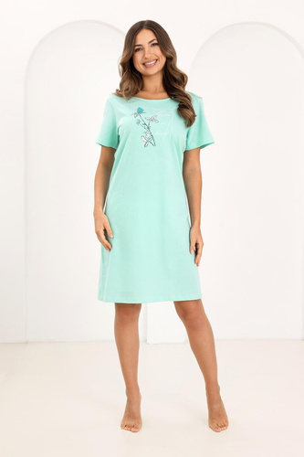 Camicia da notte da donna Regina 172 verde- 100% cotone, manica corta, mezza scollatura rotonda, stampa, lunghezza al ginocchio