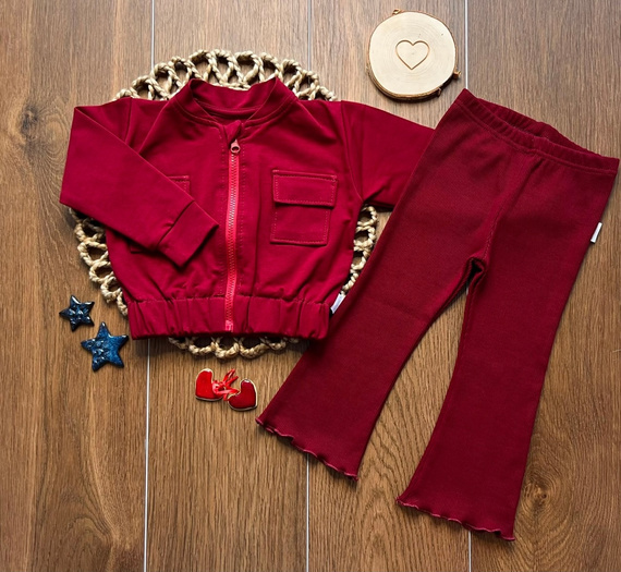 Mamatti DR820 Bordò Tuta Bambina Bomber con Zip e Leggings a Zampa a Costine