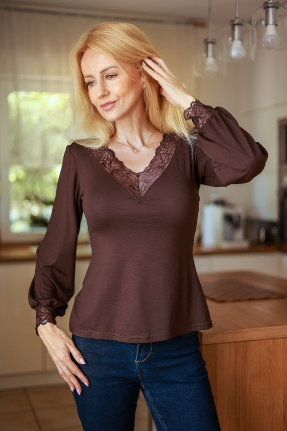 Mirale Harper Blusa Donna in Viscosa Pizzo Scollo a V Maniche a Sbuffo - marrone