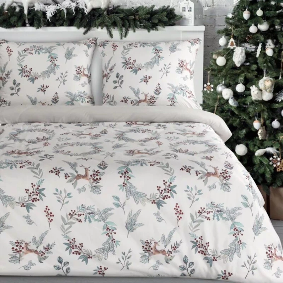 Biancheria da letto natalizia Peace Eurofirany in microfibra bianca con renne e rami