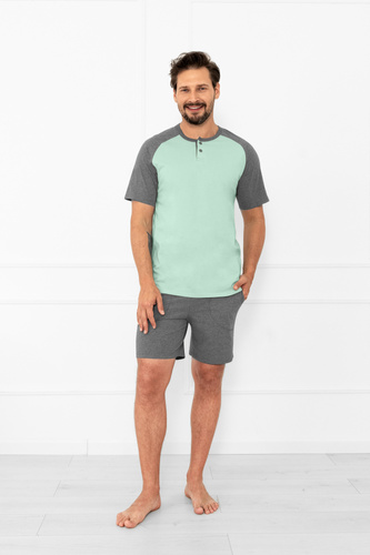 Pigiama uomo Aleksander Italian Fashion - maniche corte e pantaloncini corti, 100% cotone - color salvia/melange