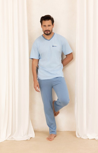 498 Pigiama uomo in cotone blu Regina - T-shirt con scollo a V + pantaloni lunghi