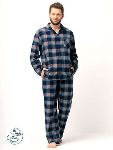 Pigiama da uomo Key MNS 431 blu navy - flanella di cotone, manica lunga, con bottoni