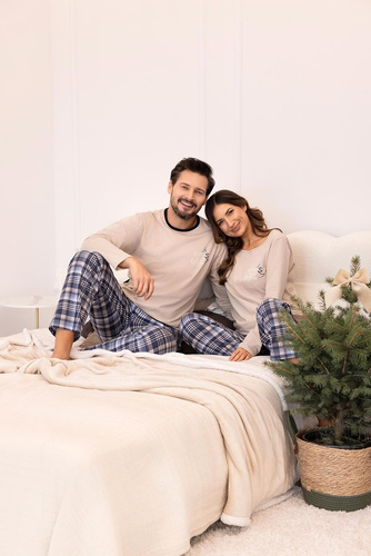 Pigiama da donna Regina 743 in cotone beige, lunghezza. manica, stampa, pantaloni a quadri