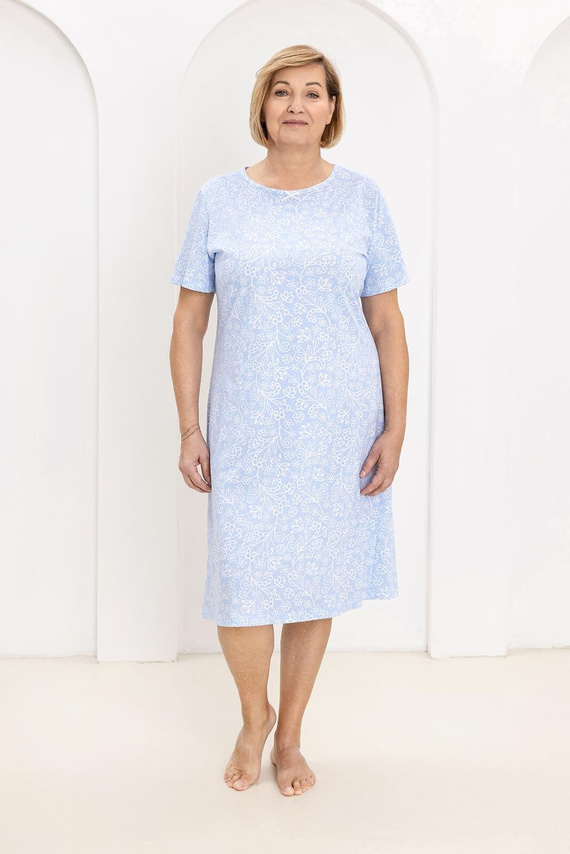 169 Camicia da notte Regina blu - cotone, disegno floreale, scollatura semicircolare