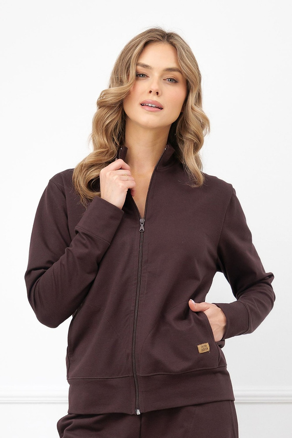 Felpa donna Credo Italian Fashion in cotone con zip, collo alla coreana, tasche - marrone