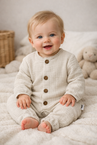 Pigiama di mussola Just Muslin 02235BE Makoma beige - leggero, traspirante, 100% cotone