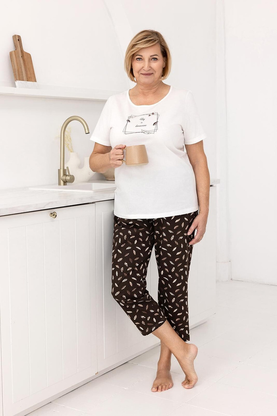 733 Pigiama Regina in cotone ecrù, maniche corte, scollo semicircolare, stampa sul davanti