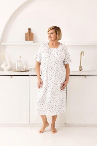 019 Camicia da notte Regina blu - lunga, in cotone, con scollatura a bottoni