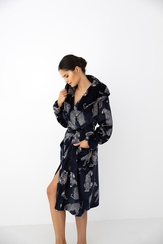 Accappatoio donna Sensis Vespera blu scuro con cappuccio lungo con stampa animalier