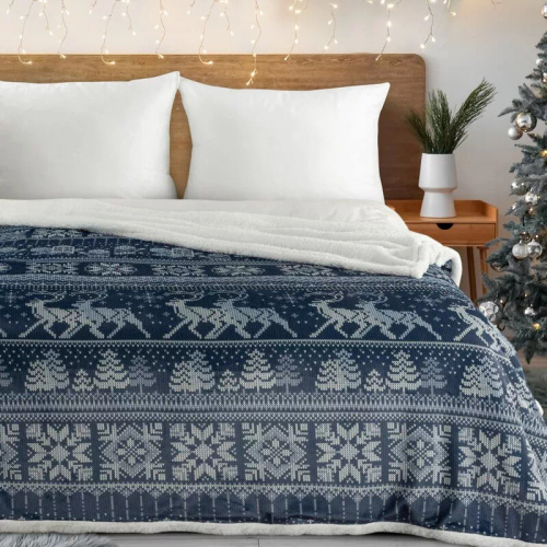 Coperta natalizia Eurofirany bianco blu navy - morbido copriletto in microfibra, 240 g/m²