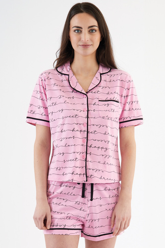 Coraline Pigiama donna rosa sorbetto - top camicia, pantaloncini corti, 100% cotone