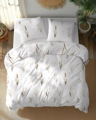 5771 B Cotone Bloom Detexpol biancheria da letto bianca con erbe e tussock marrone e beige - 100% cotone, double face, lucido