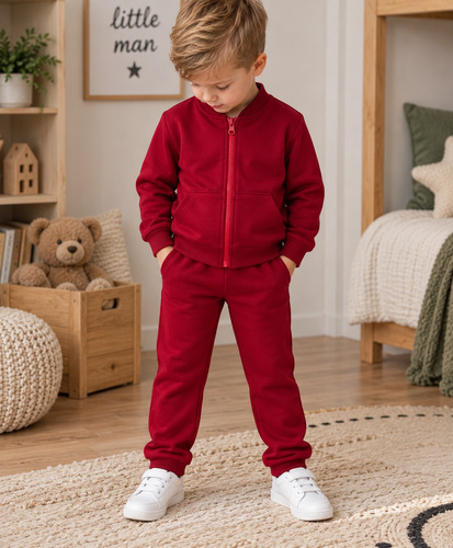 Mamatti DR920 tuta bambini in cotone bordeaux con felpa con zip e collo alto, pantaloni con tasche