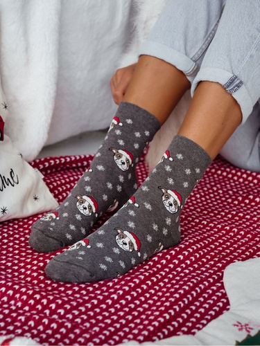 1283-039 Calzini Milena - calzini festivi da donna con bulldog e fiocchi di neve, melange scuro