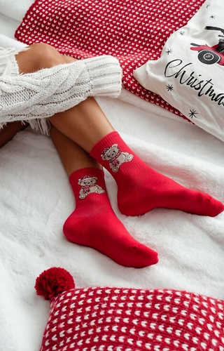 1283-031 Calze da donna Milena rosso - Orsetto di Natale, cotone